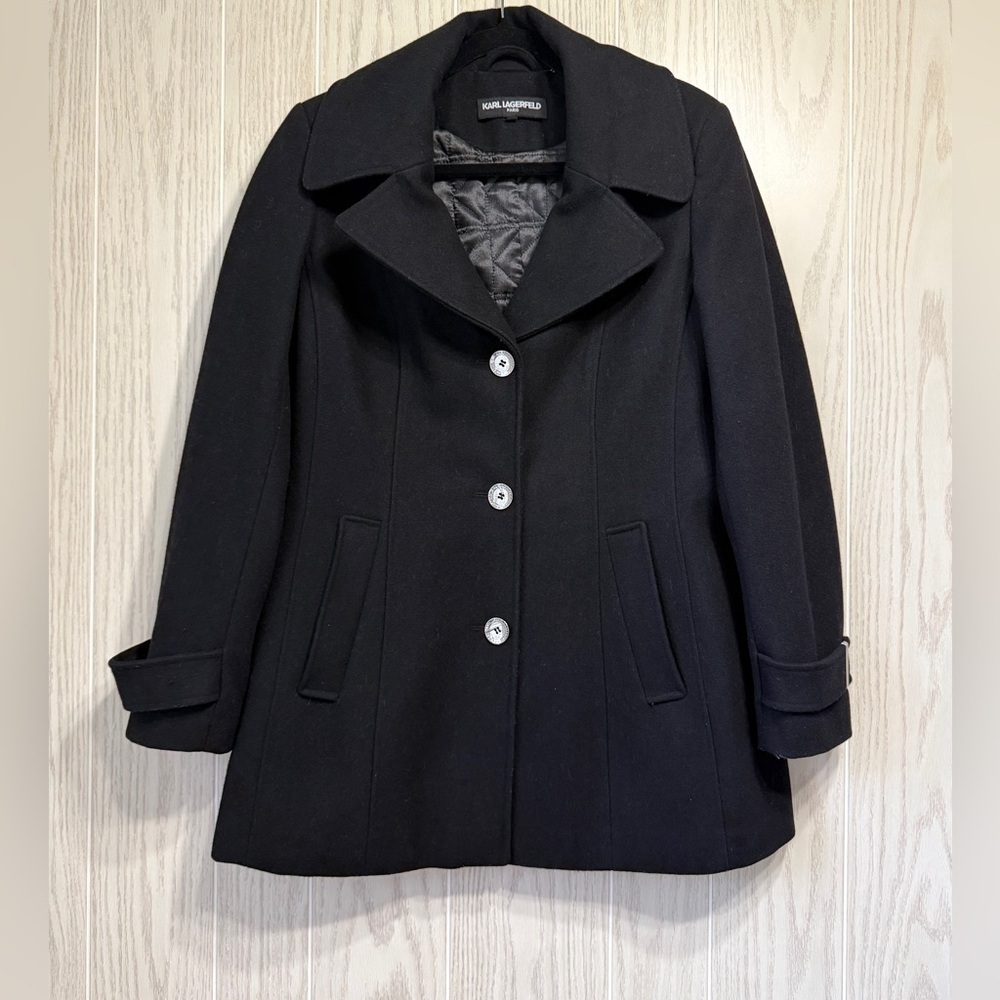 Karl Lagerfeld Paris Women's Charcoal Wool Blend Peacoat Size Small EUC